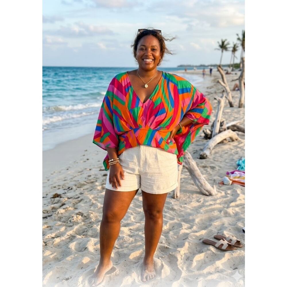 5285) JW Style Multicolor Geo Print Relaxed Dolman Sleeve Top Plus 2X